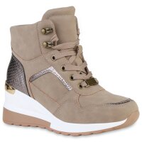 Damen Sneaker Wedges in Tan Bronze Metallic Snake