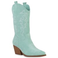 Damen Cowboystiefel in Türkis Velours
