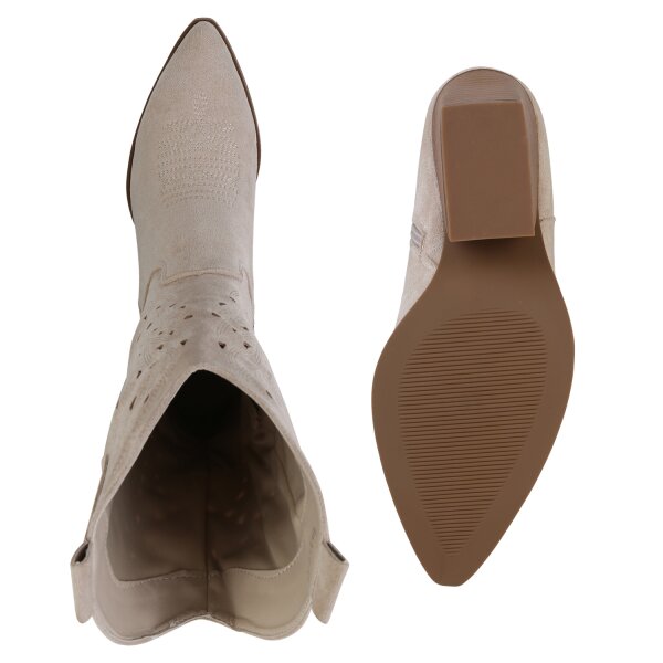 Damen Cowboystiefel in Beige Velours