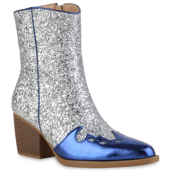 Damen Cowboy Boots in Silber Blau Metallic