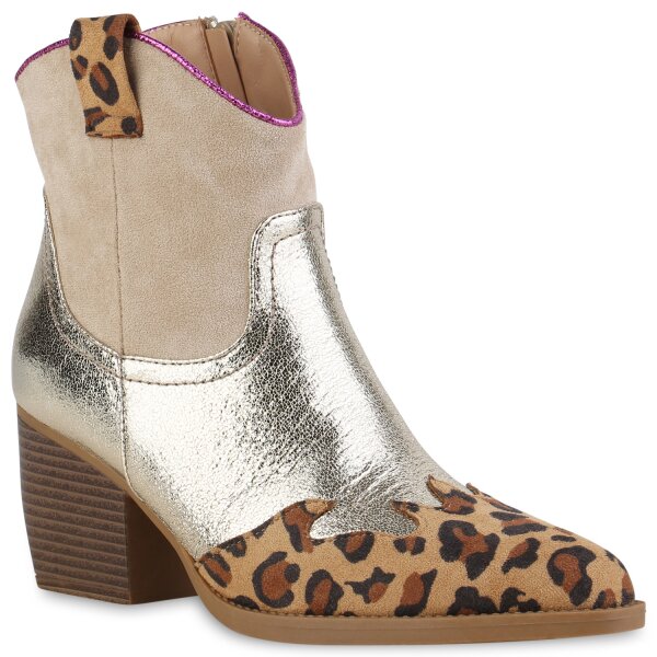 Damen Cowboy Boots in Gold Beige Leopard