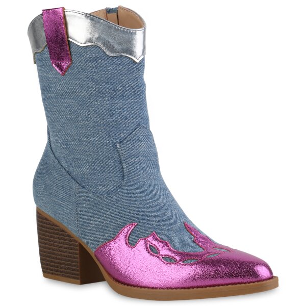 Damen Cowboy Boots in Blau Pink Mettalic