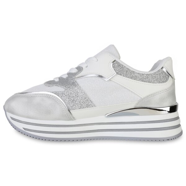 Damen Plateau Sneaker in Weiss Silber Metallic