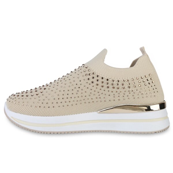 Stiefelparadies Damen Plateau Sneaker in Beige Fabrik Onlineshop