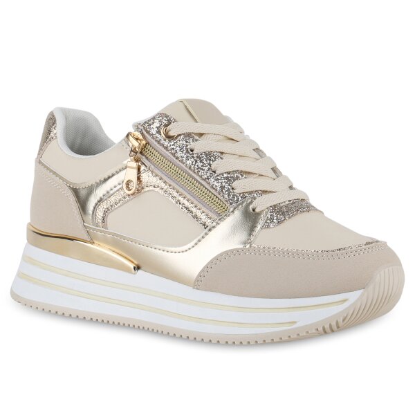 Damen Plateau Sneaker in Beige Gold Metallic