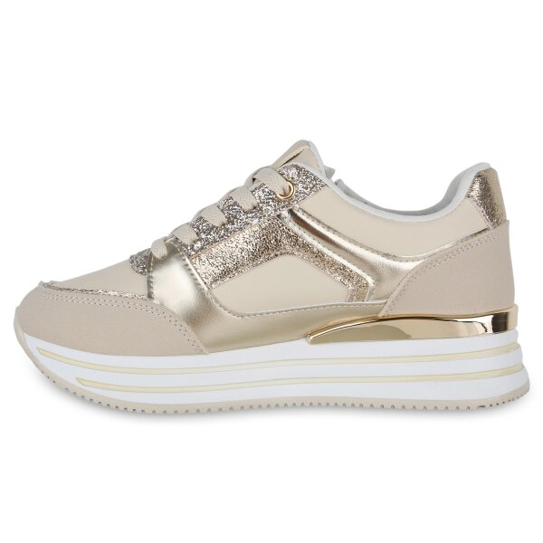 Damen Plateau Sneaker in Beige Gold Metallic