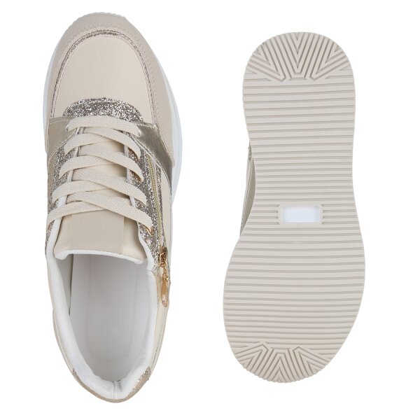 Damen Plateau Sneaker in Beige Gold Metallic