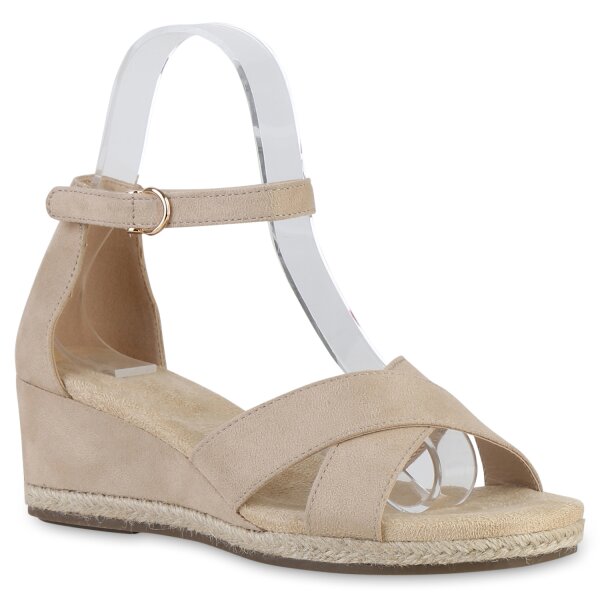 Damen Keilsandaletten in Beige Velours