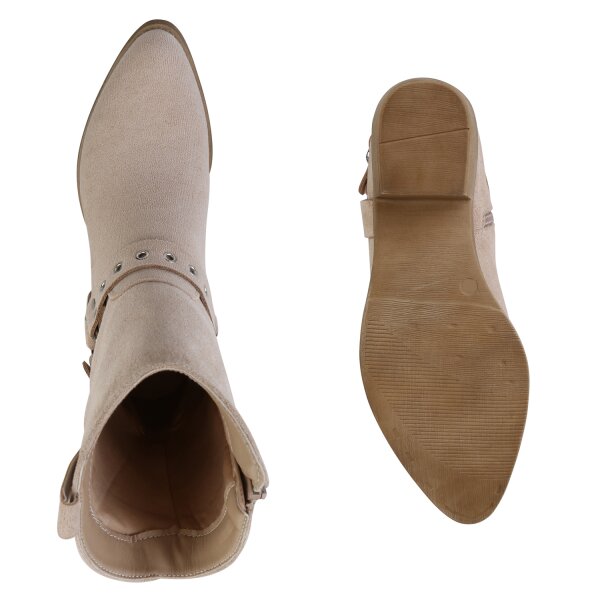 Damen Cowboy Boots in Beige Velours