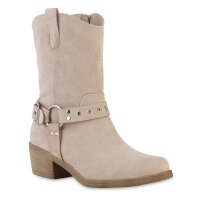Damen Cowboy Boots in Beige Velours