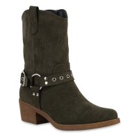 Damen Cowboy Boots in Olivgrün Velours