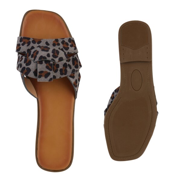Damen Pantoletten in Grau Leopard