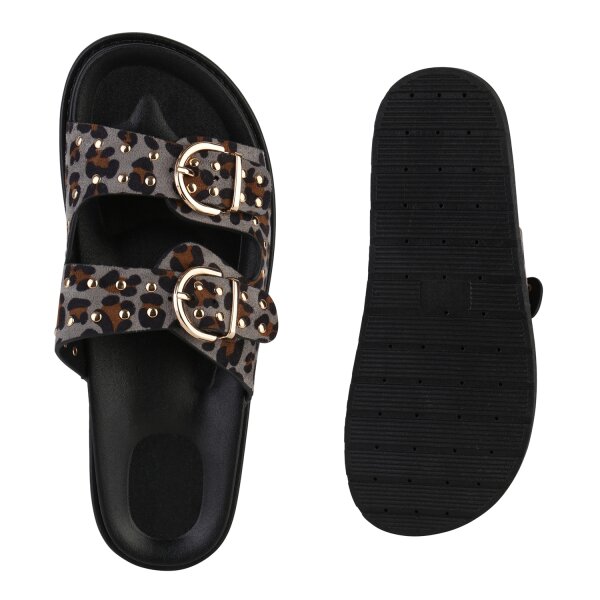Damen Pantoletten in Grau Leopard