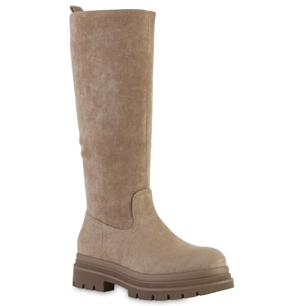 Damen Plateaustiefel in Khaki Velours