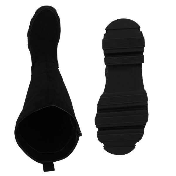 Damen Plateaustiefel in Schwarz Velours