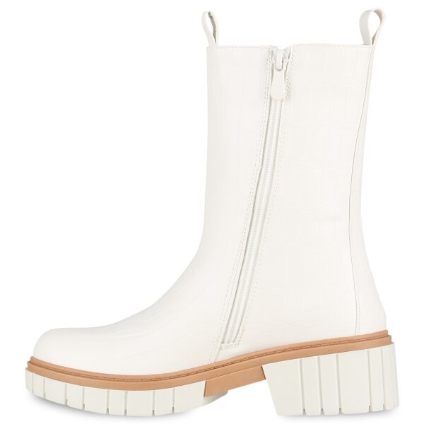 Damen Plateaustiefel in Weiss Kroko