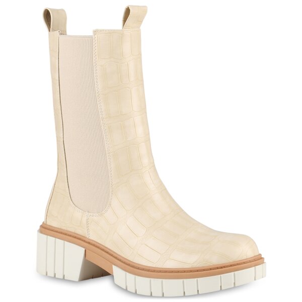 Damen Plateaustiefel in Beige Kroko