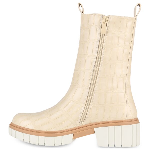 Damen Plateaustiefel in Beige Kroko