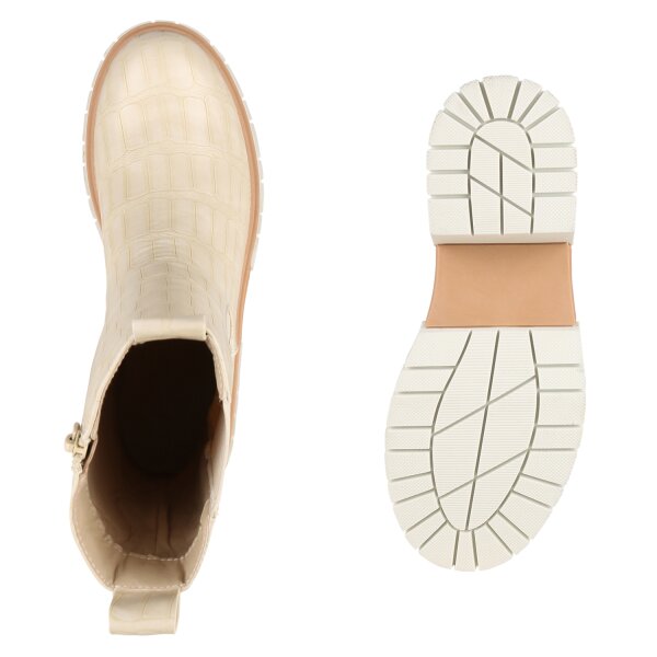 Damen Plateaustiefel in Beige Kroko