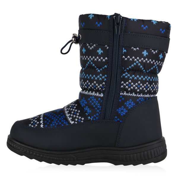 Kinder Winter Boots in Dunkelblau Hellblau Weiss Muster